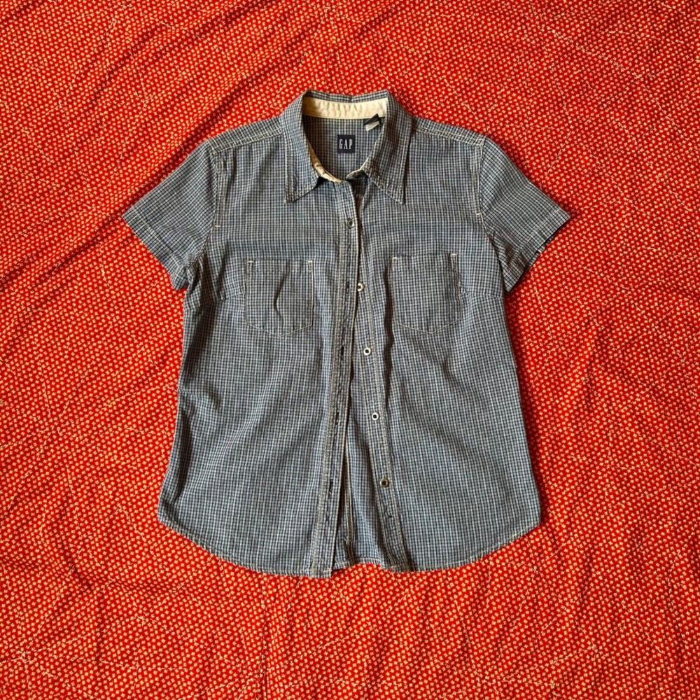 Vintage 90s Gap Blue Plaid Short Sleeve Button Up Shirt Women Medium Cotton